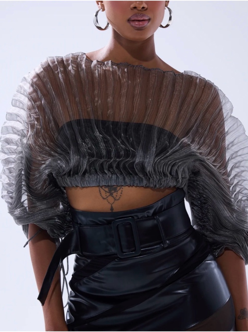 AKIRA Sheer Pleated Crop Top in Silver Gray - Picture 3 of 3